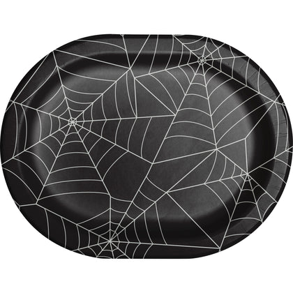 Black paper plate with spider web design on a white background