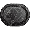 Black paper plate with spider web design on a white background
