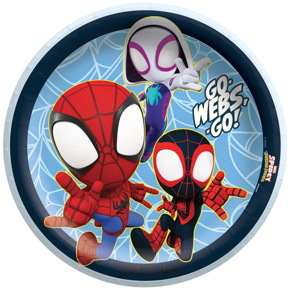 Spider-Man and Ghost-Punk on a round plate with 'Go Webs, Go!' text