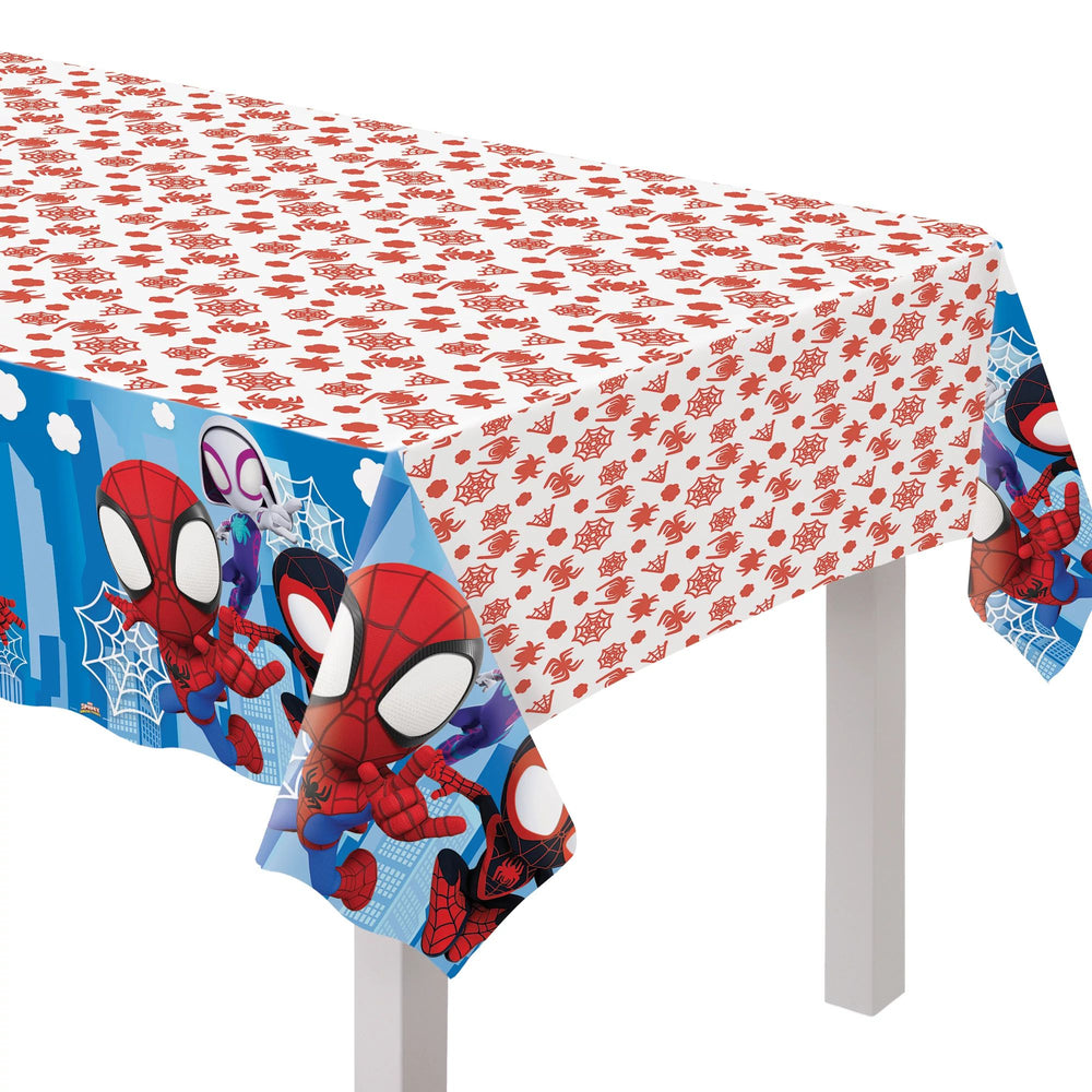 Spider-Man themed tablecloth with red and blue design on a white background