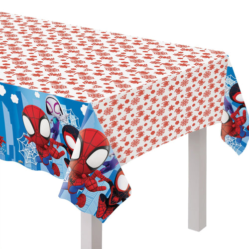 Spider-Man themed tablecloth with red and blue design on a white background