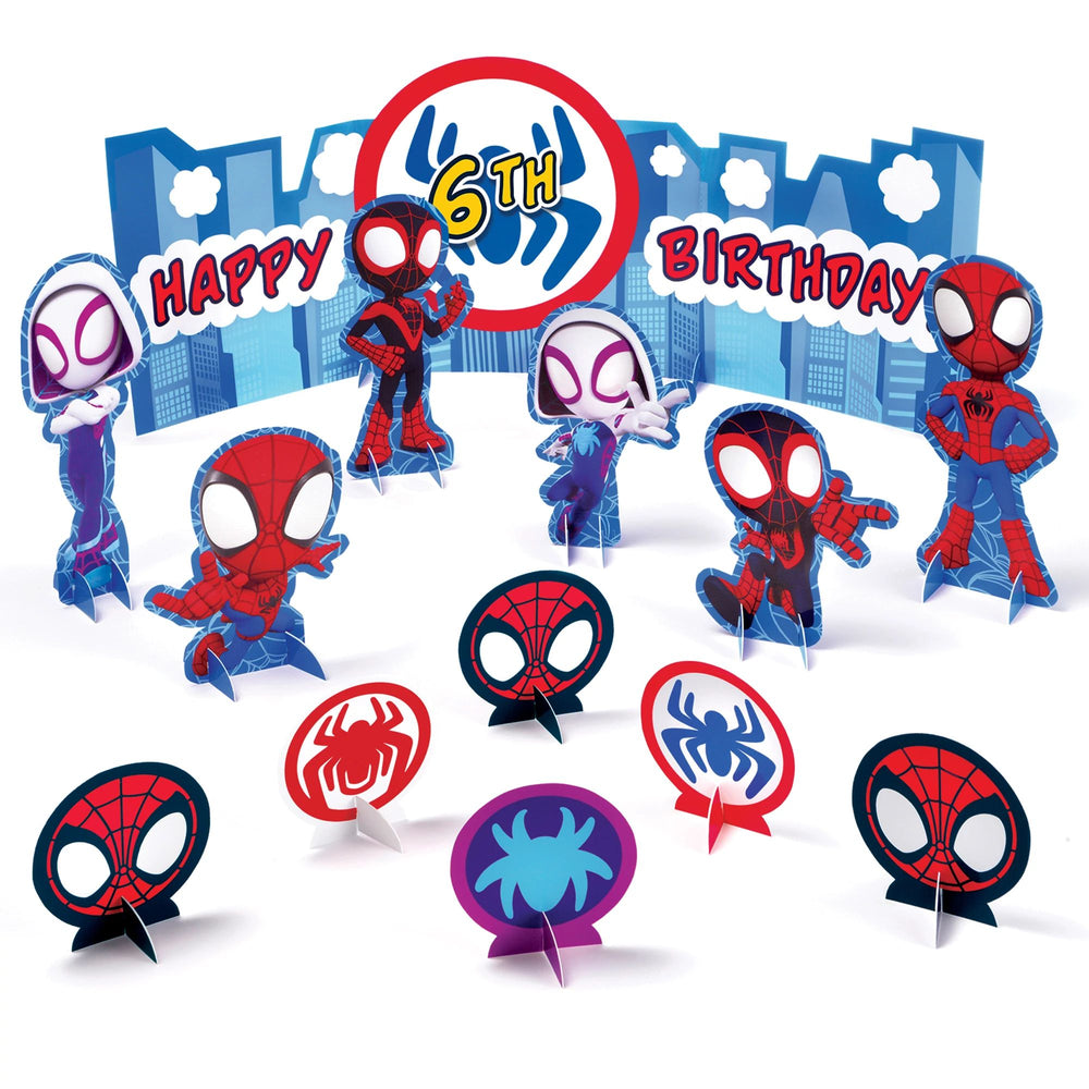 Spider-Man themed birthday party decorations with cityscape background