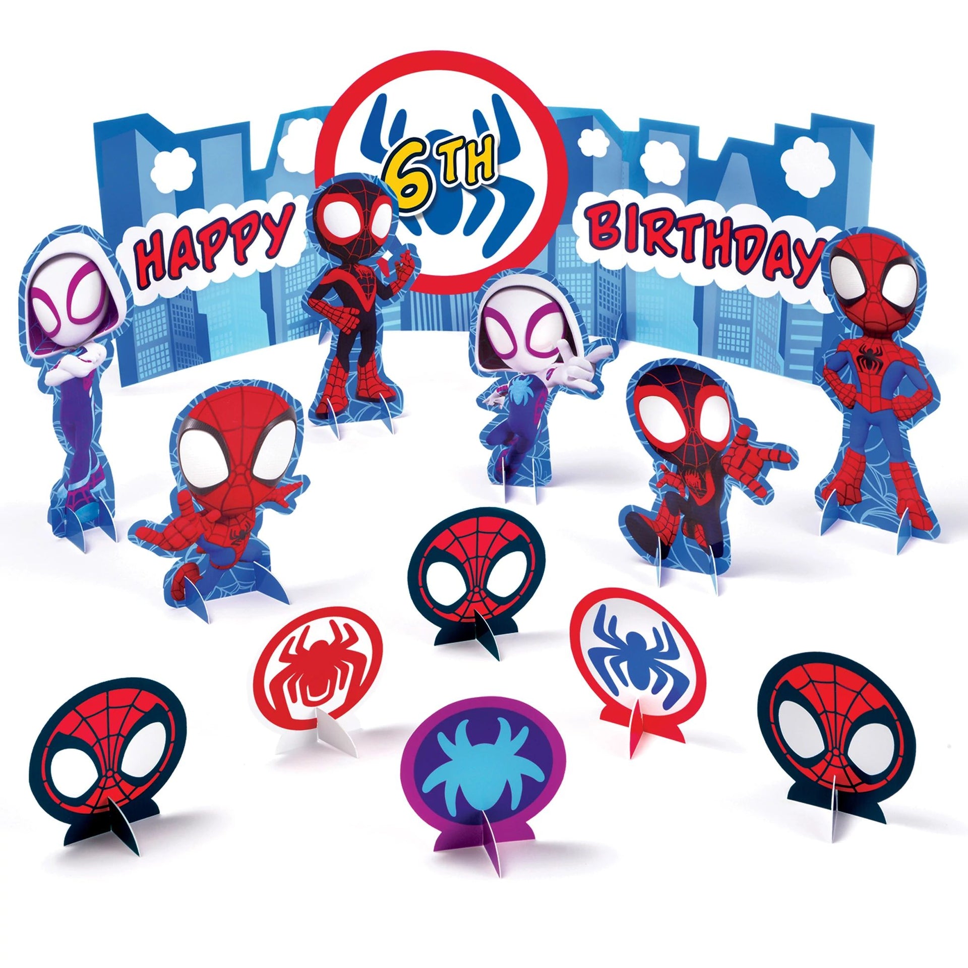 Spider-Man themed birthday party decorations with cityscape background