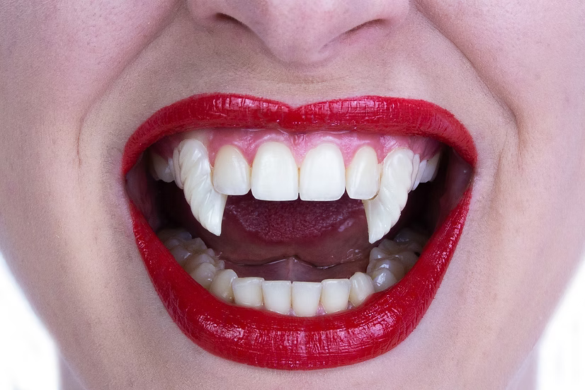 Close-up of a person's mouth wearing a pair of vampire fangs, with bright red lipstick and white teeth visible against a white background.