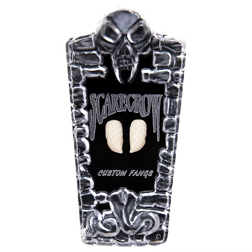 A black and silver coffin-shaped display stand featuring a skull at the top, the words 'SCARECROW' and 'CUSTOM FANGS', and two cream-colored custom teeth mounted in the center, shown on a plain white background.