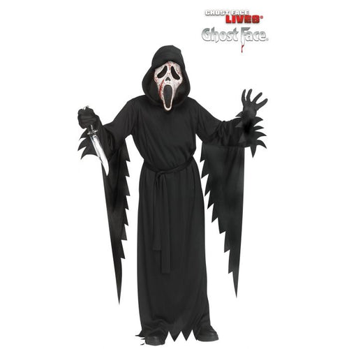 A person wearing a Ghost Face Halloween costume stands against a plain white background, holding a knife prop. The costume includes a black hooded robe with jagged hem and sleeve edges, black gloves, and a white Ghost Face mask with red blood details.