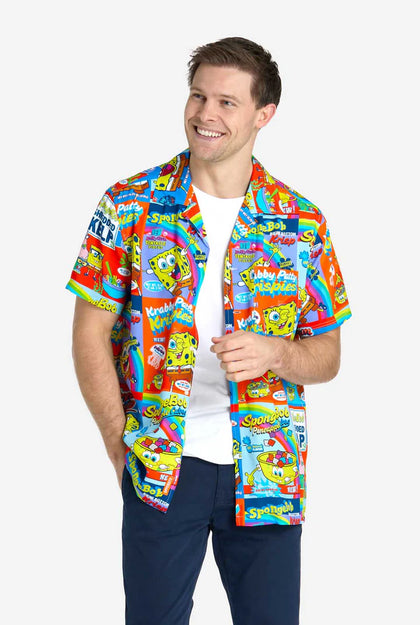 Man wearing a colorful SpongeBob SquarePants shirt on a white background