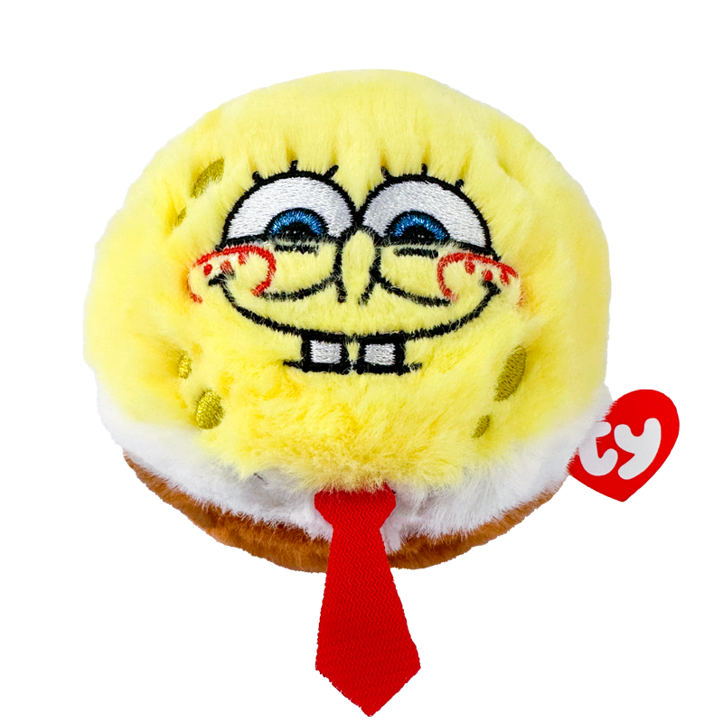 Plush toy resembling a character with a yellow face, red tie, and white shirt on a white background.