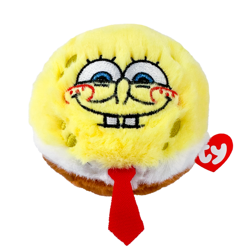 Plush toy resembling a character with a yellow face, red tie, and white shirt on a white background.