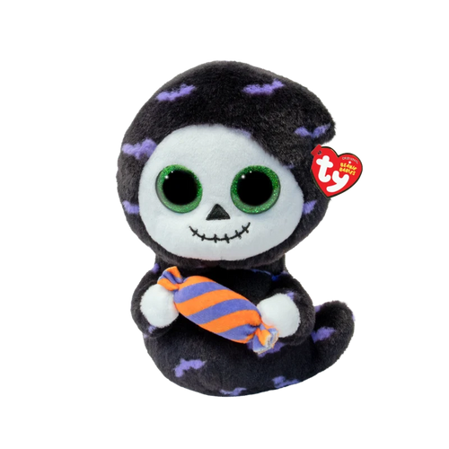 Ty Beasty Plush Series 2 Halloween Ghost plush toy holding an orange and blue striped candy, featuring a white face, green glittery eyes, and purple bat patterns on a black body, with a red Ty heart tag.