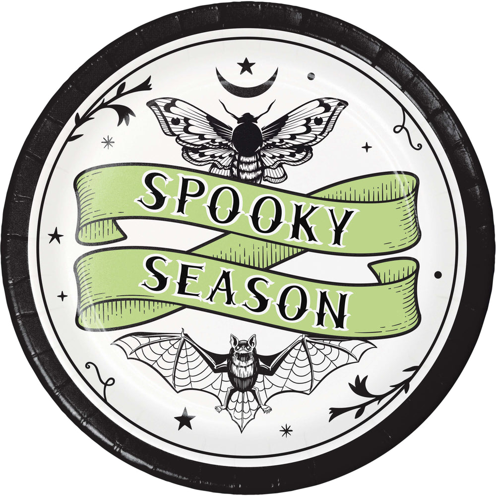 Circular design with 'Spooky Season' text, moth, and bat illustrations on a white background.