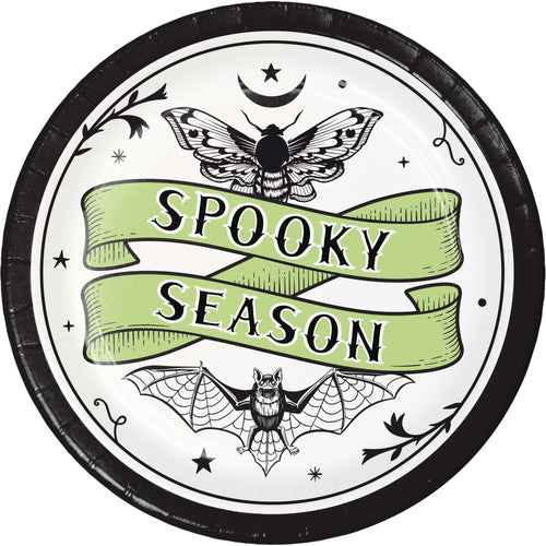 Circular design with 'Spooky Season' text, moth, and bat illustrations on a white background.