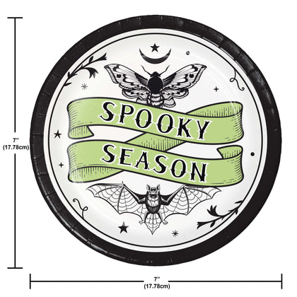Circular decorative sign with 'Spooky Season' text and Halloween-themed illustrations, with measurements indicated.