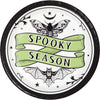 Circular design with 'Spooky Season' text, moth, and bat illustrations on a white background.