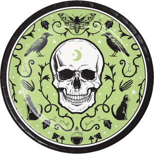 Circular design with a skull, birds, and other elements on a green background
