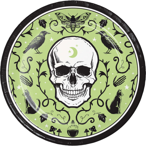 Circular design with a skull, birds, and other elements on a green background