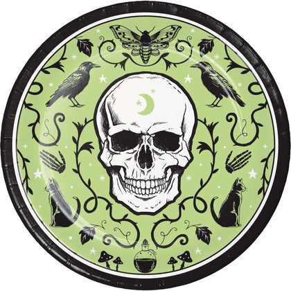Circular design with a skull, birds, and other elements on a green background
