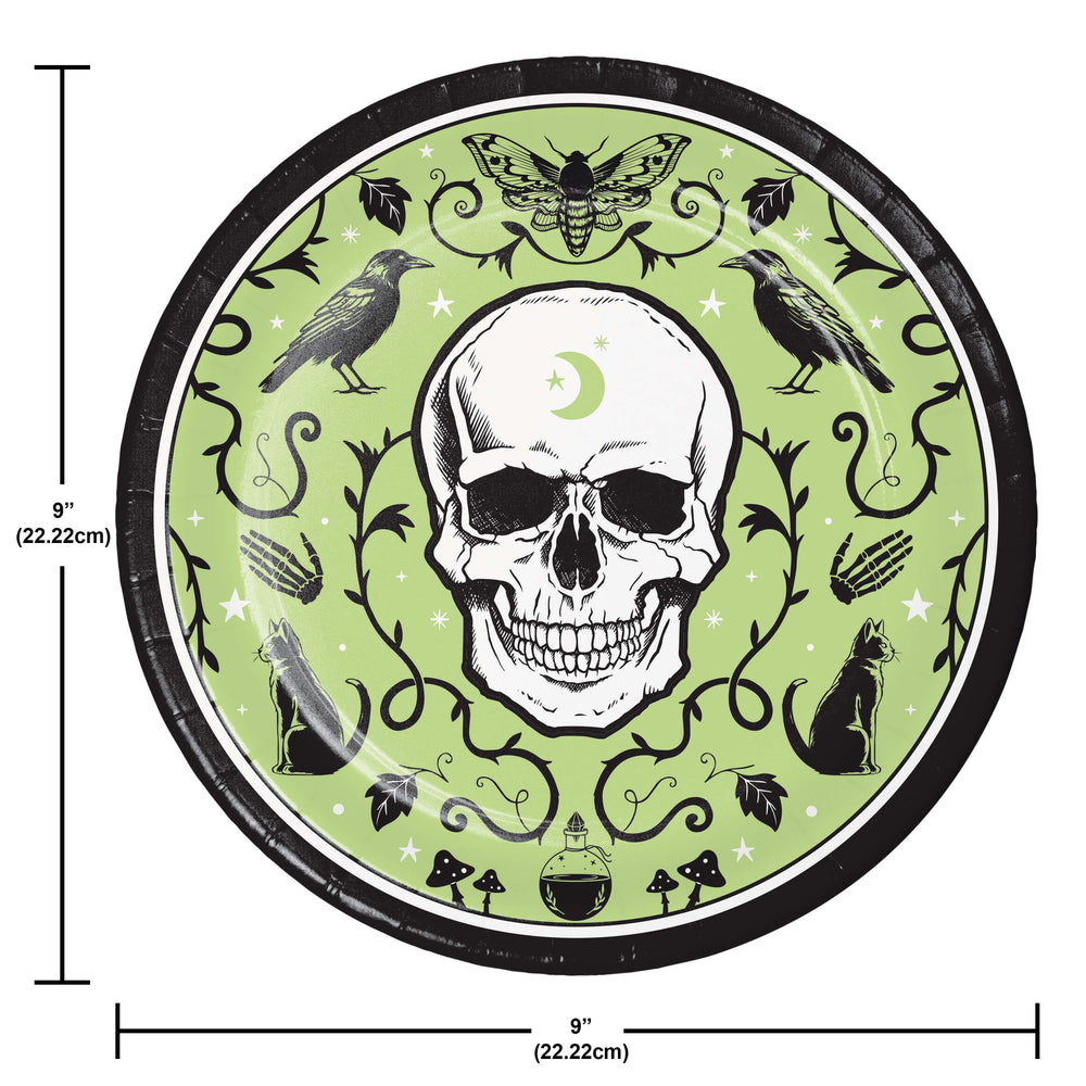 Circular design with a skull and nature elements on a green background, with measurements indicated.
