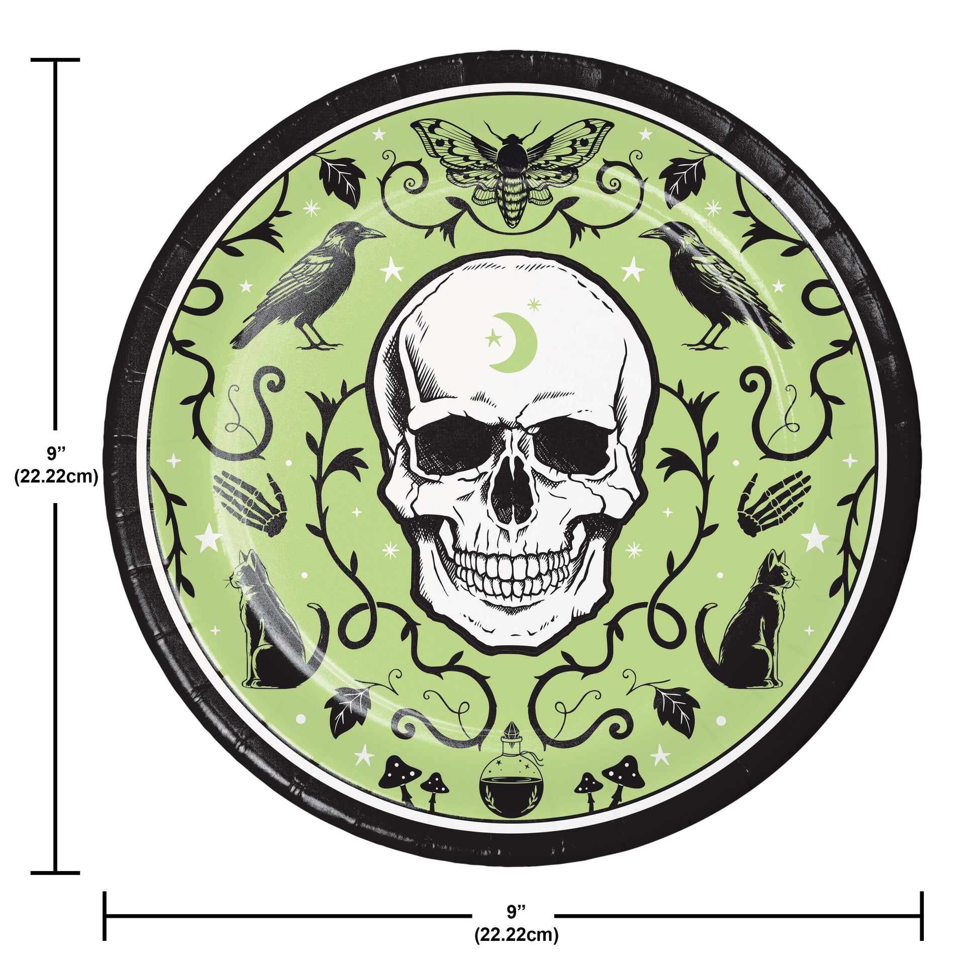 Circular design with a skull and nature elements on a green background, with measurements indicated.
