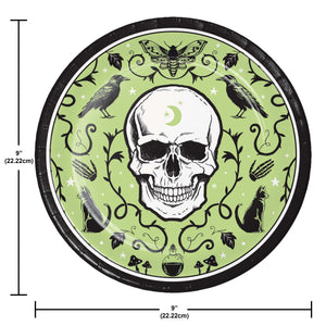 Circular design with a skull and nature elements on a green background, with measurements indicated.