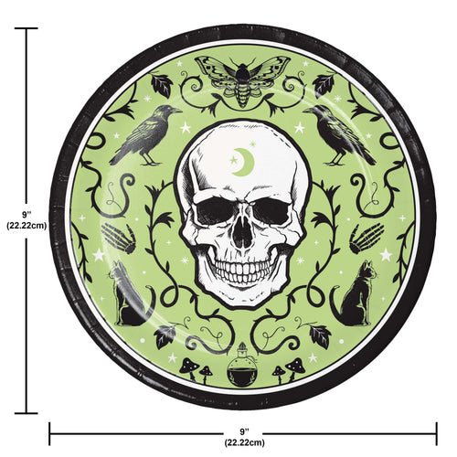 Circular design with a skull and nature elements on a green background, with measurements indicated.