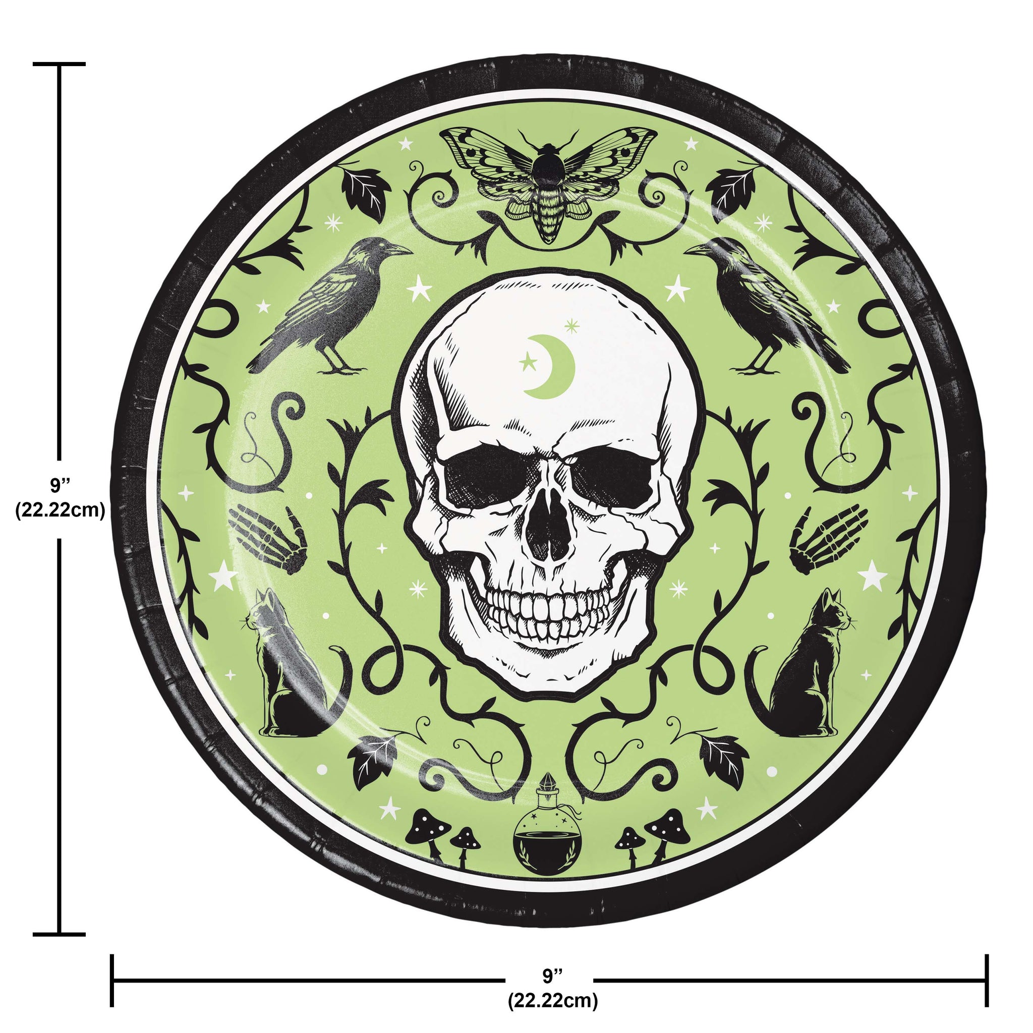 Circular design with a skull and nature elements on a green background, with measurements indicated.