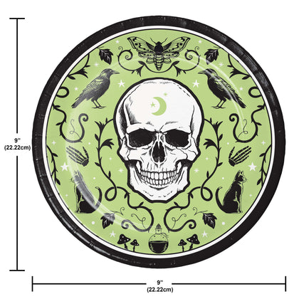 Circular design with a skull and nature elements on a green background, with measurements indicated.