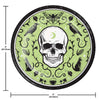 Circular design with a skull and nature elements on a green background, with measurements indicated.