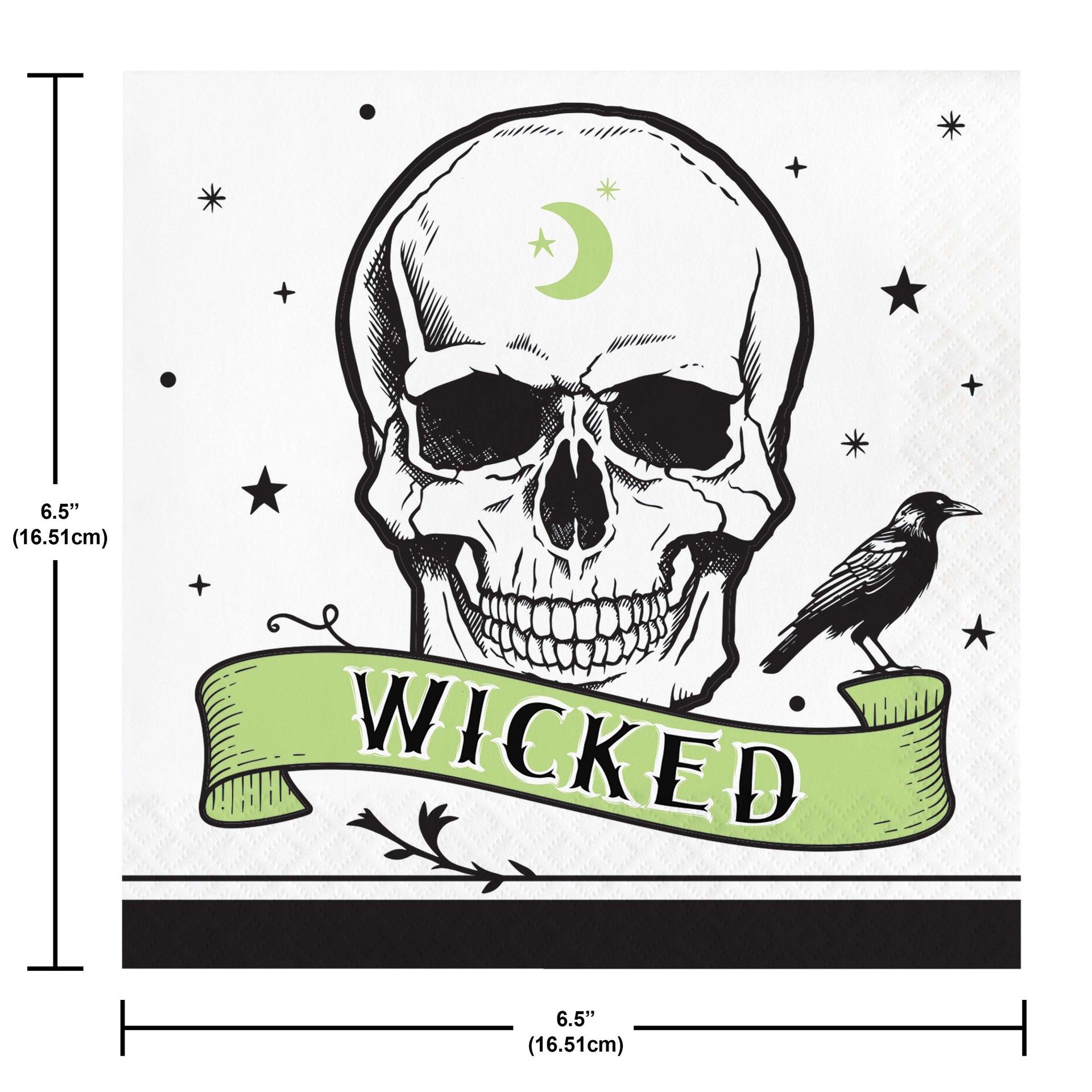 Skull design with 'Wicked' banner and crow, measurements indicated.