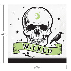 Skull design with 'Wicked' banner and crow, measurements indicated.
