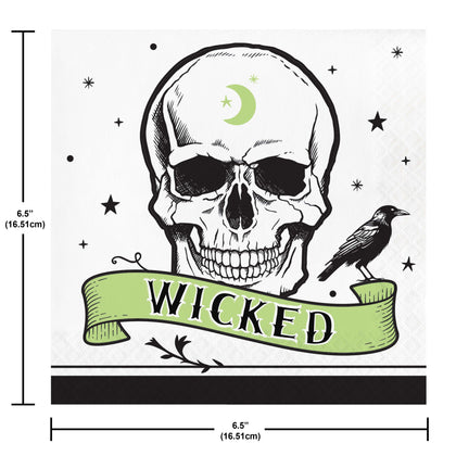 Skull design with 'Wicked' banner and crow, measurements indicated.
