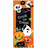 Halloween-themed banner with pumpkins, ghosts, and cats on an orange background.