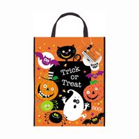 Halloween-themed tote bag with pumpkins, ghosts, and cats on an orange background.