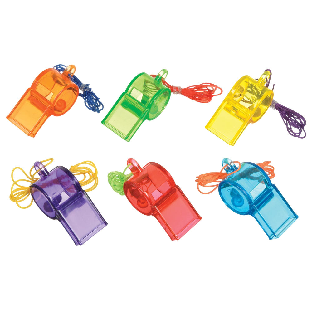Set of 24 colorful whistles with lanyards on a white background