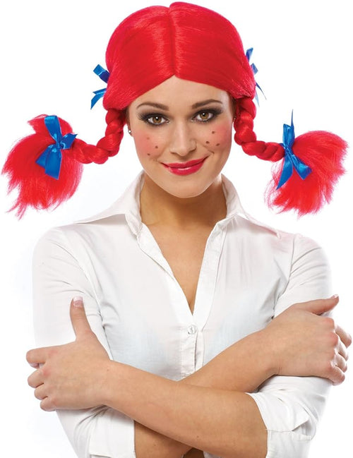 Person with red wig styled in pigtails with blue ribbons wearing a white shirt.
