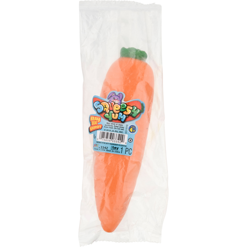 Carrot-shaped candy in a clear package with a colorful label on a white background