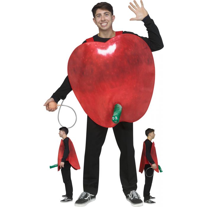 A man modeling a red apple costume with a black long-sleeve shirt underneath, black pants, and a green stem prop, posed against a plain white background with two smaller side views at the bottom.