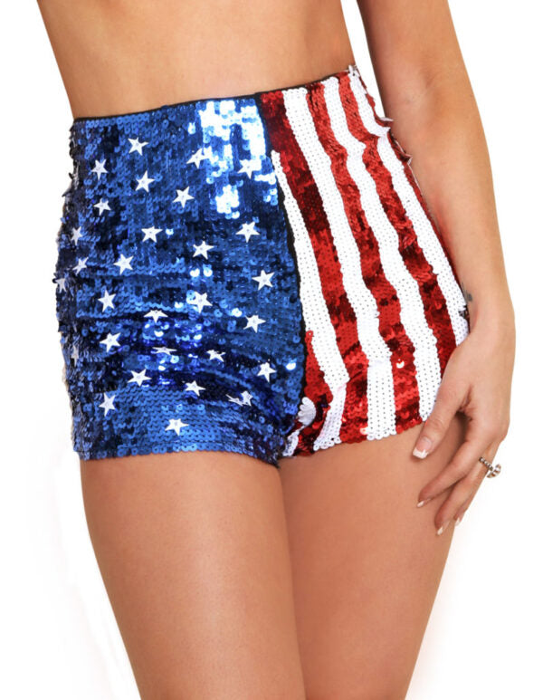 Sequined American flag shorts on a white background