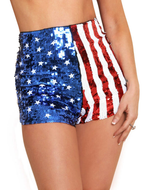 Sequined American flag shorts on a white background