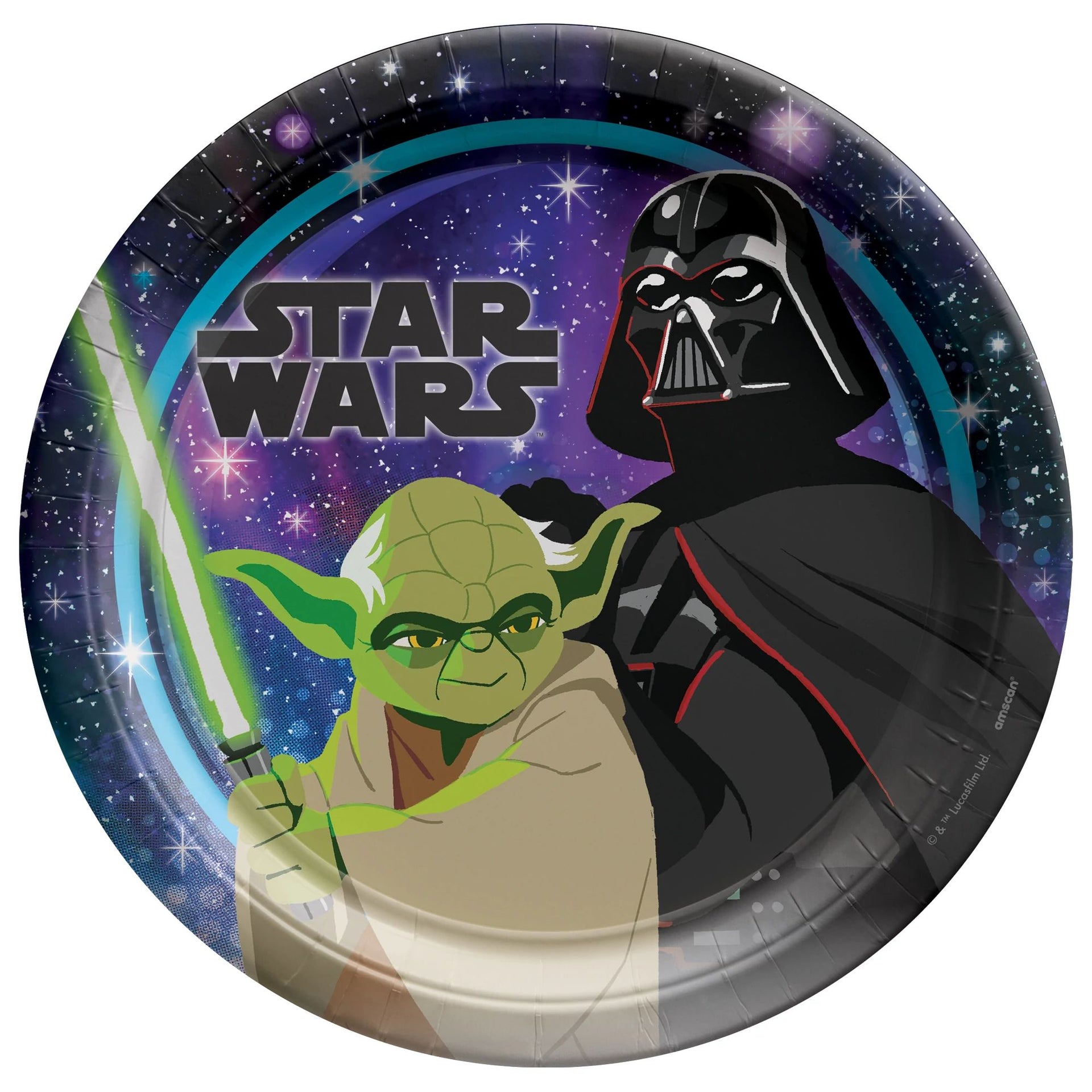 Star Wars-themed paper plate with Yoda and Darth Vader against a space background