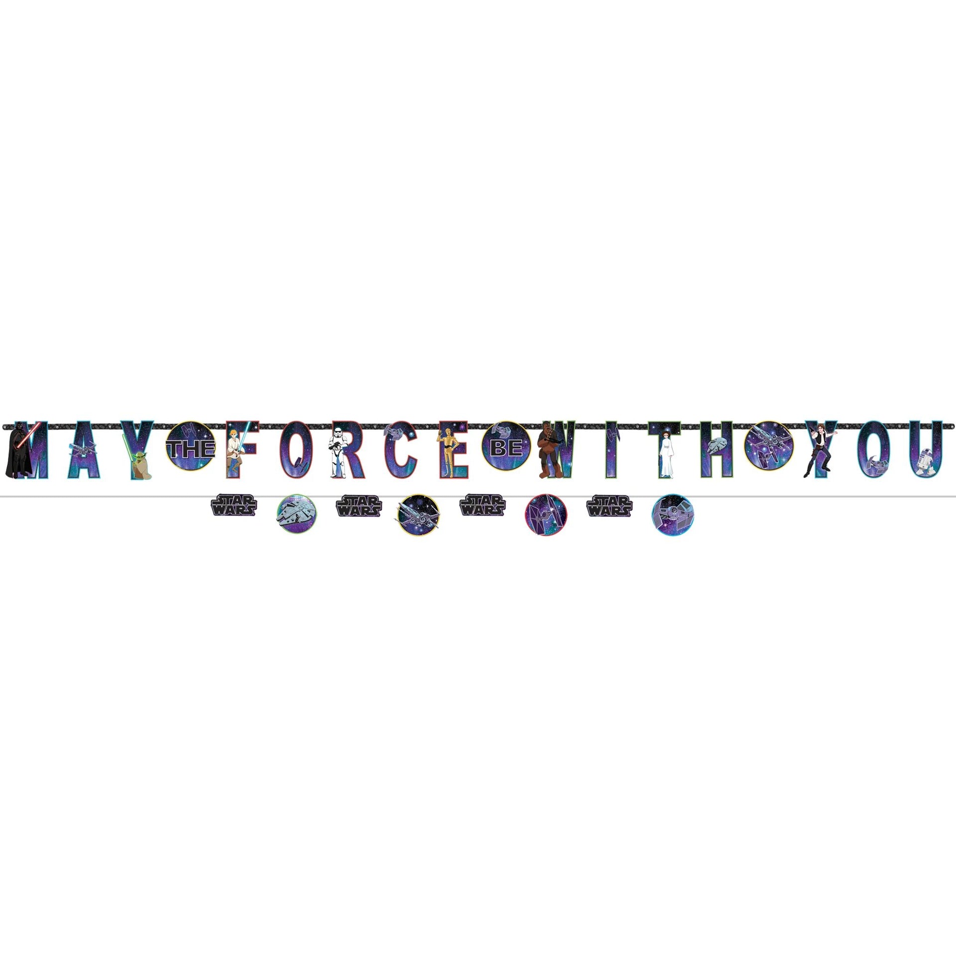 Decorative banner with 'May the Force be with you' text and Star Wars-themed graphics on a white background.