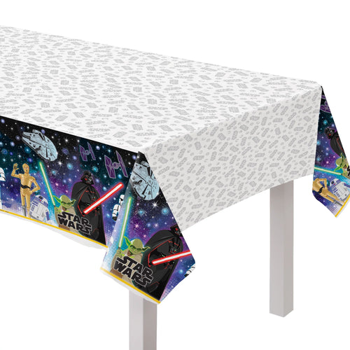 Star Wars-themed tablecloth with characters and logos on a white background
