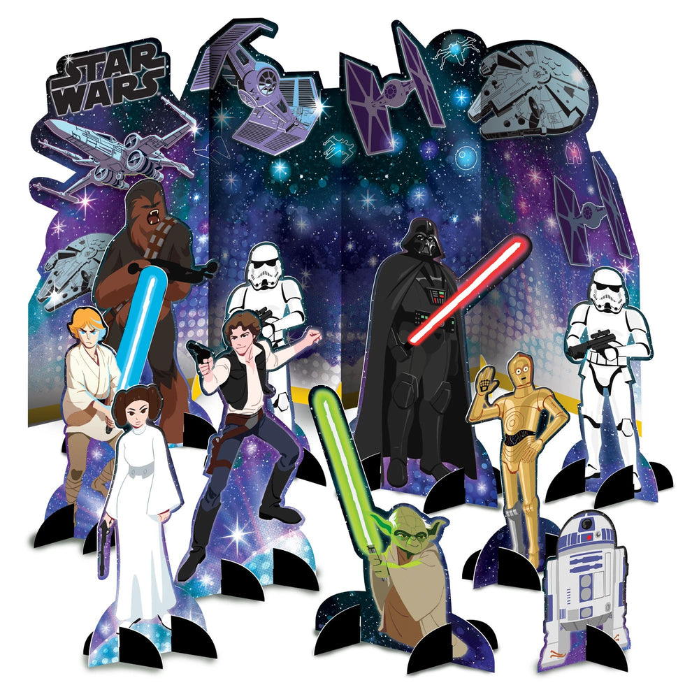 Star Wars character cutouts with a space-themed background