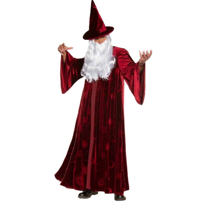 Red wizard costume with hat and white beard on a white background