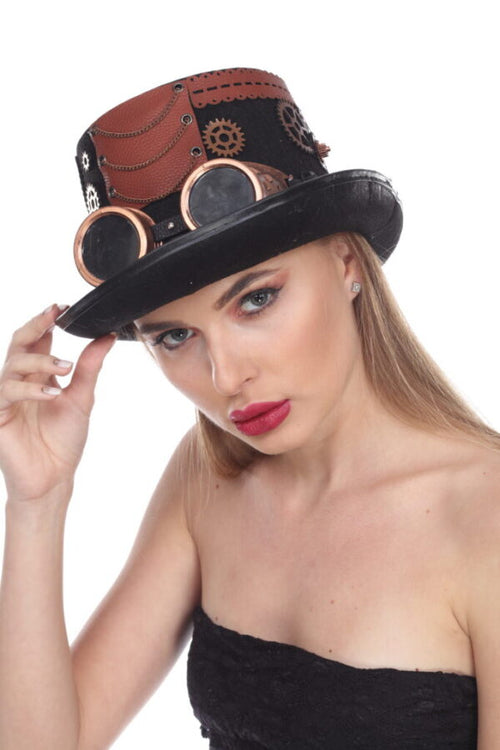 Woman wearing a steampunk-style hat with gears on a white background