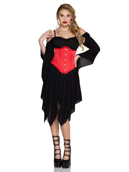 A woman modeling a gothic-style costume dress with a black off-the-shoulder layered overlay and a red corset-style bodice with white buttons, paired with black lace-up platform heels against a white background.