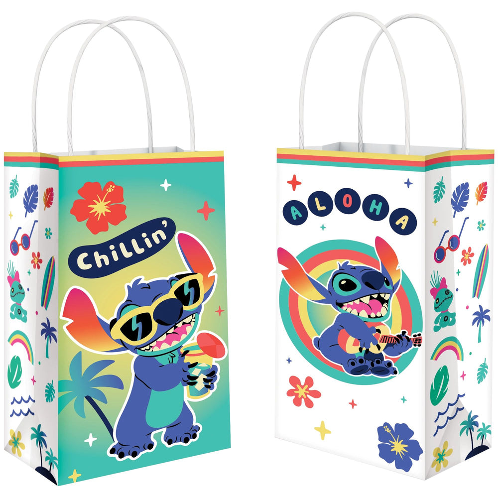 Two colorful gift bags with cartoon character designs on a white background