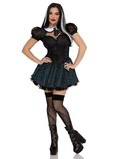 Person wearing a black and green plaid costume with puffed sleeves on a white background