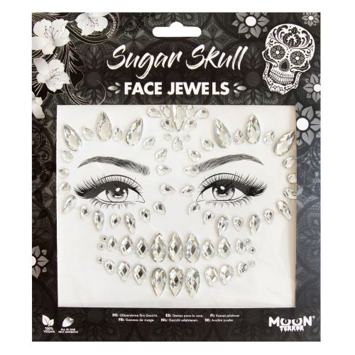 Packaging of Sugar Skull face jewels with a face diagram on a white background.