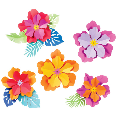 Colorful paper flowers with leaves on a white background